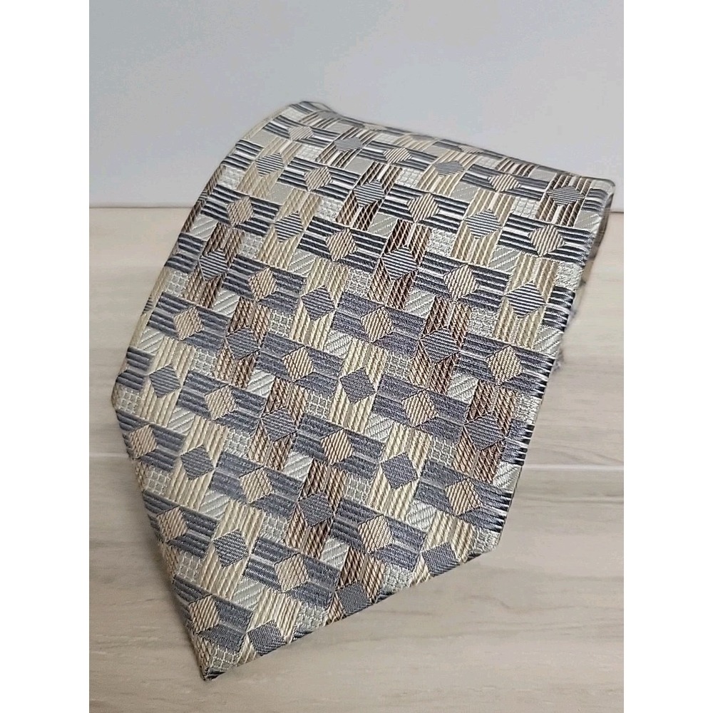 Platinum Designs Mens Necktie 100% Silk Handmade Gray Cream Gold Ivory